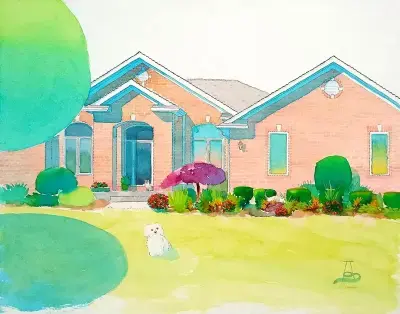 Watercolor house portrait with dog and cat by Adam Sprague.