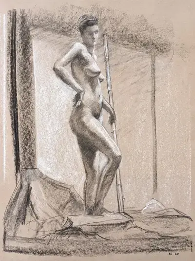 Charcoal figure drawing of a standing figure by Adam Sprague.