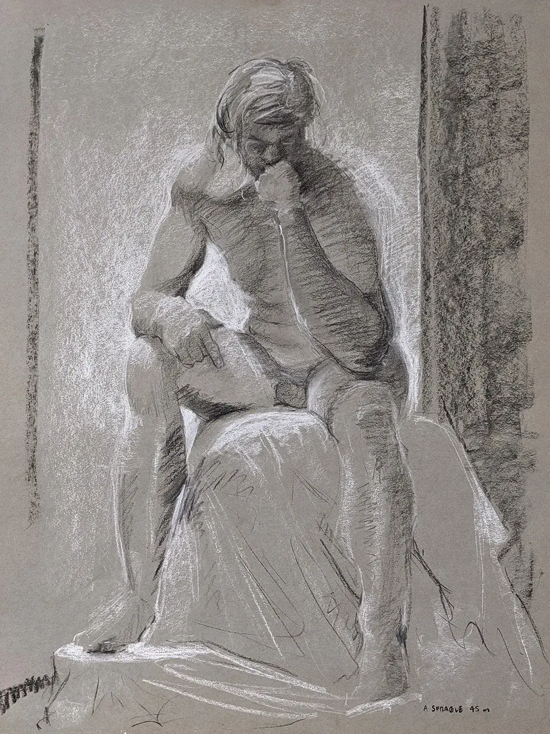 Drawing of figure male model in the pose of Rodin's 'The Thinker' by Adam Sprague.