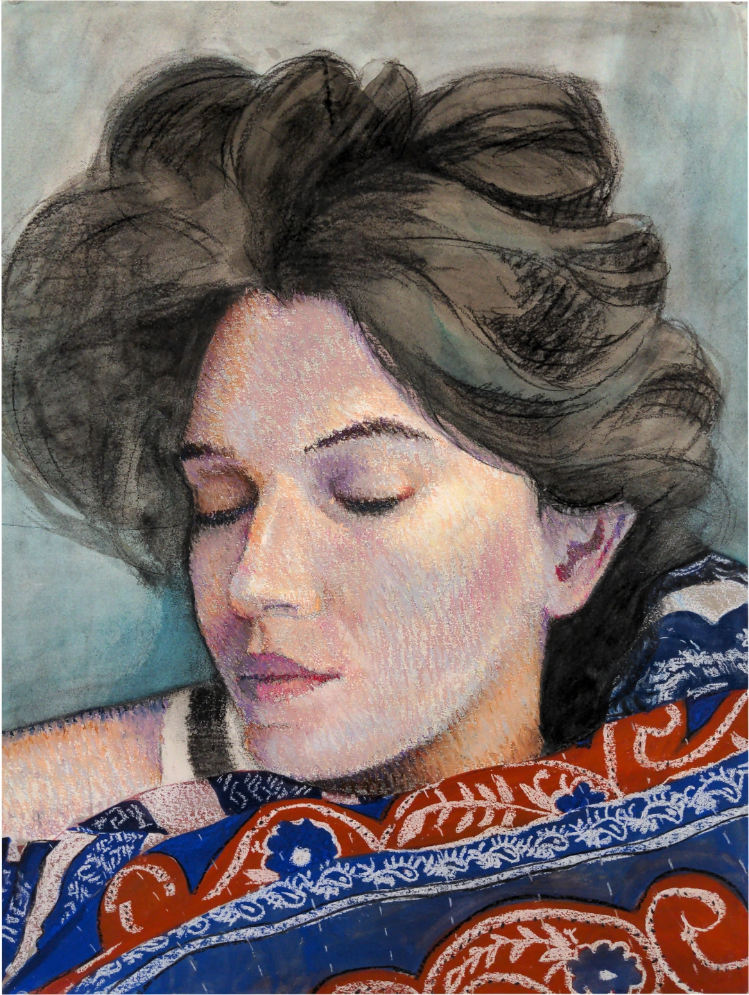 A drawing of a sleeping, restful non-binary person in pastel, charcoal and watercolor.