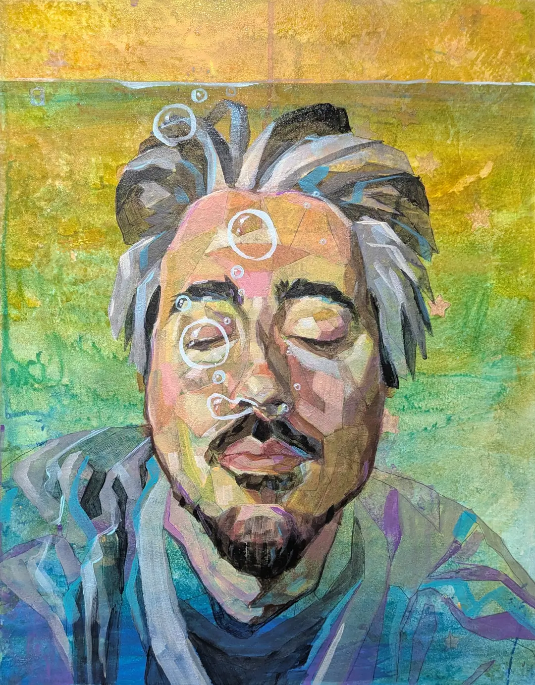 A painted portrait of the artist submerged underwater, holding his breath.