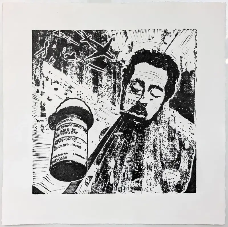 Escitalopram 2, 2024, linoprint, 18 x 18 inches, by Adam Sprague.