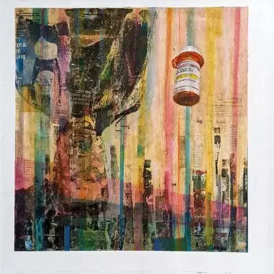Escitalopram, acrylic and mixed media on panel, by Adam Sprague.