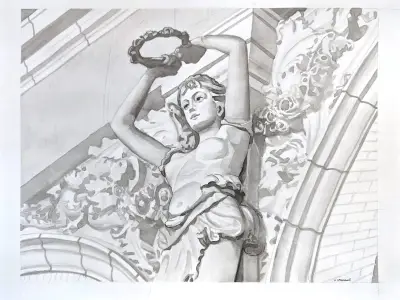 Ink drawing of a standing female figure sculpture.