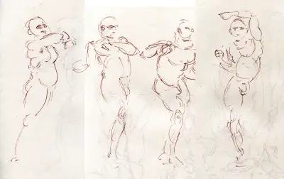 Ink gesture studies of a standing male figure.