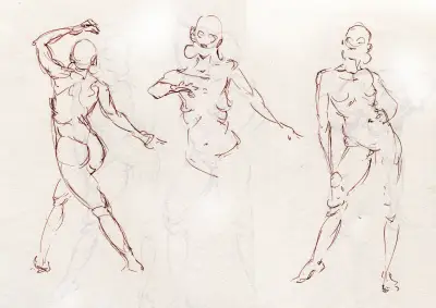 Expressive ink gestures of female figures.