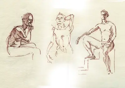 Ink figure studies of a sitting male.