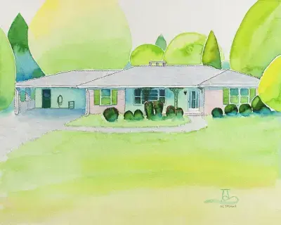 A watercolor painting of an Atlanta home, by Adam Sprague.