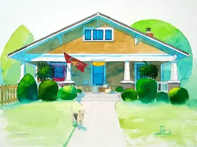 A watercolor illustration of an Atlanta home by Adam Sprague.