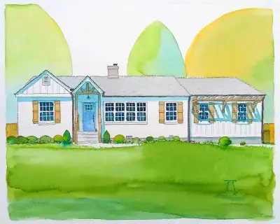 A watercolor illustration of an Atlanta home by Adam Sprague.
