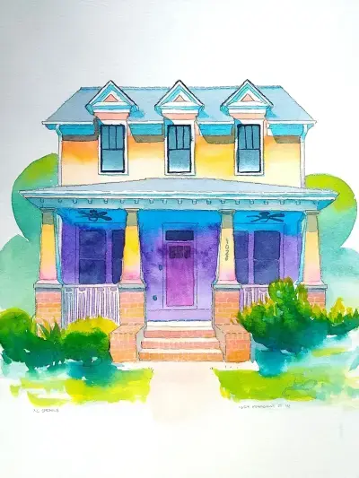 A colorful watercolor illustration of an Atlanta home by Adam Sprague.