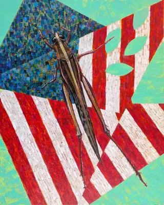Locust, acrylic and marker on panel, by Adam Sprague.