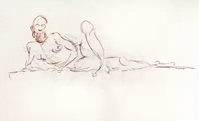 Reclining figure sketch in brown ink.