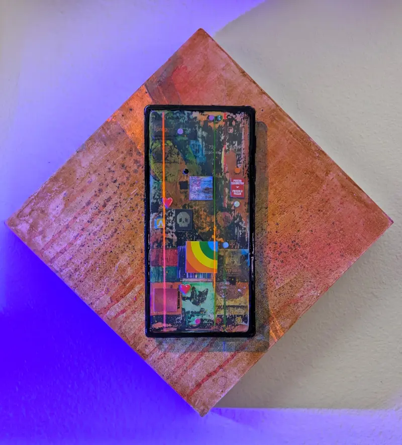 Screen, acrylic, mixed media, plastic sheet and resin on panel by Adam Sprague.