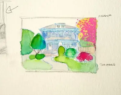 A thumbnail color sketch of an Atlanta home by Adam Sprague.