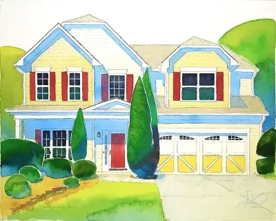 A watercolor painting of an Atlanta home by Adam Sprague.