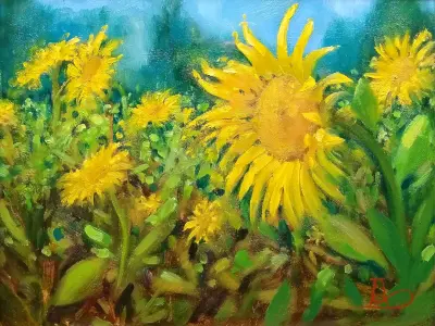 An expressive view of windy sunflowers, painted in oils by Adam Sprague.