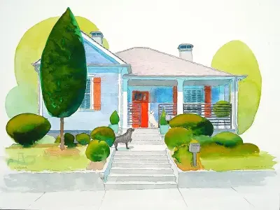 Watercolor painting of an Atlanta home with pets by Adam Sprague.