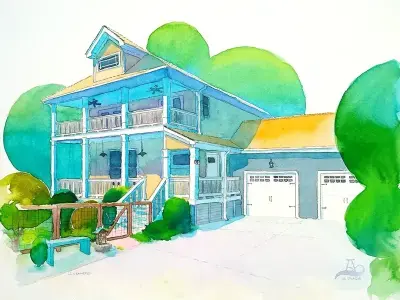 Watercolor painting of an Atlanta home by Adam Sprague.