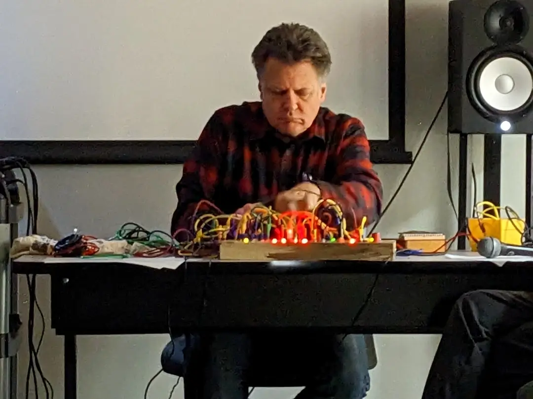 Professor Craig Dongoski demonstrating experimental modular synthesis.
