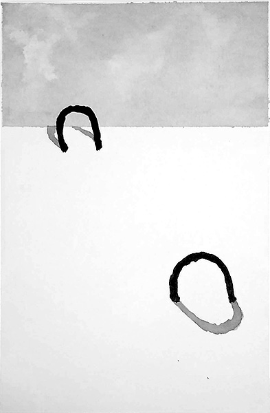 A minimalist design sketch with two arches casting shadows in opposite directions.